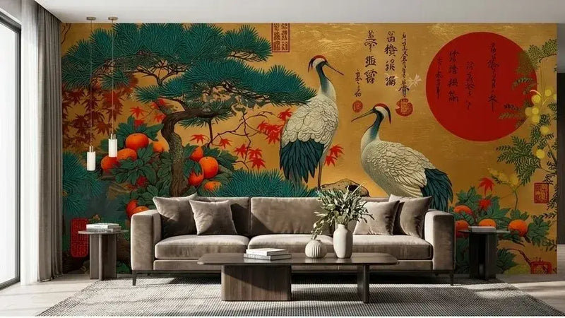 Gros plan sur les détails brodés d'un Papier Peint Japonais Oiseaux Fond Or mettant en valeur des plumes finement illustrées dans un style ukiyo-e traditionnel