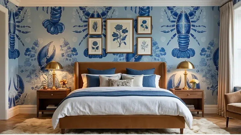 Papier peint homard bleu installé dans une salle de bain lumineuse, créant une ambiance marine fraîche avec ses rayures bleues rythmées