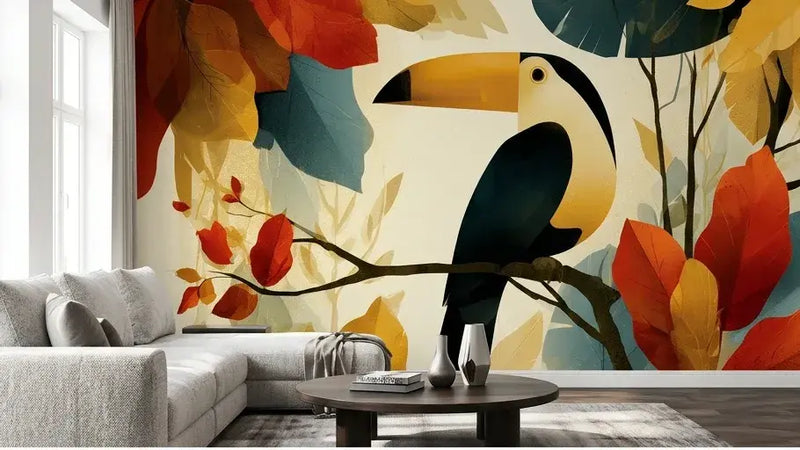 Gros plan du Papier Peint Toucan aux Feuilles d'Ocre et d'Or révélant les détails saisissants du plumage coloré du toucan et les nuances chaudes des feuilles tropicales en or et en ocre