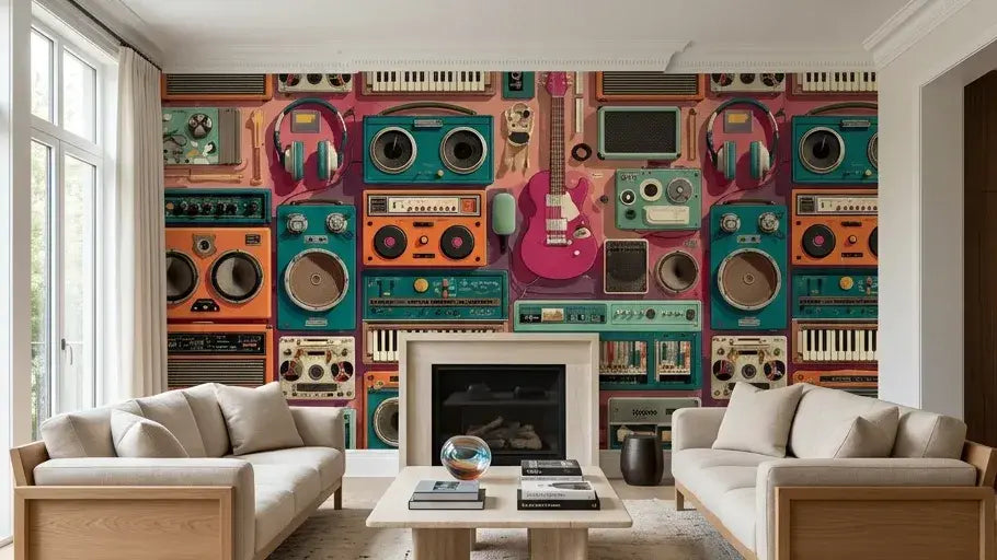 Gros plan sur un papier peint instruments de musique vintage beige affichant des partitions musicales délicates et des instruments anciens dessinés à la main dans des teintes ivoire chaleureuses