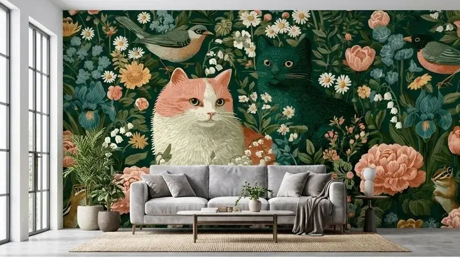 Illustration botanique d'un Papier Peint Chat Vert au Style Vintage de Jardin Anglais avec un chat aux tons jade posé sur un muret de pierre moussu entouré de glycines fleuries