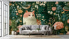 Illustration botanique d'un Papier Peint Chat Vert au Style Vintage de Jardin Anglais avec un chat aux tons jade posé sur un muret de pierre moussu entouré de glycines fleuries
