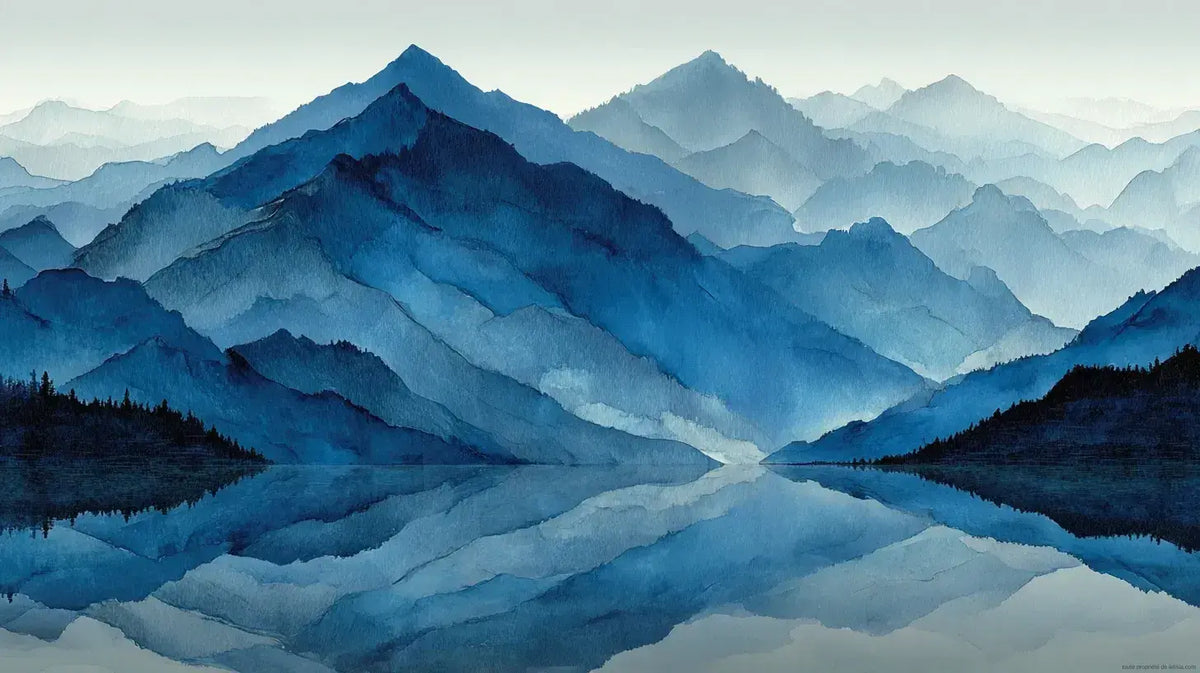 Papier peint panoramique représentant un paysage naturel aux tons bleus doux, peint à l'aquarelle avec des dégradés fluides et poétiques