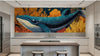 Gros plan artistique d'un Papier Peint Baleine Illustration Sous Marine Corail montrant les textures délicates du corail rouge et orange encadrant le corps majestueux d'une baleine aux reflets bleutés dans des eaux translucides