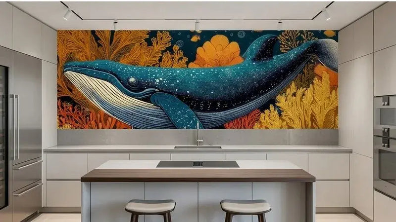 Gros plan artistique d'un Papier Peint Baleine Illustration Sous Marine Corail montrant les textures délicates du corail rouge et orange encadrant le corps majestueux d'une baleine aux reflets bleutés dans des eaux translucides