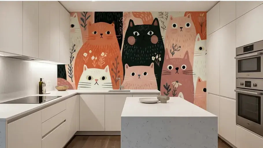 Chambre d'enfant décorée avec le Papier Peint Chat aux Douces Fleurs Pastel affichant un motif répétitif de chats rêveurs nichés au cœur de guirlandes florales aux teintes pastel apaisantes