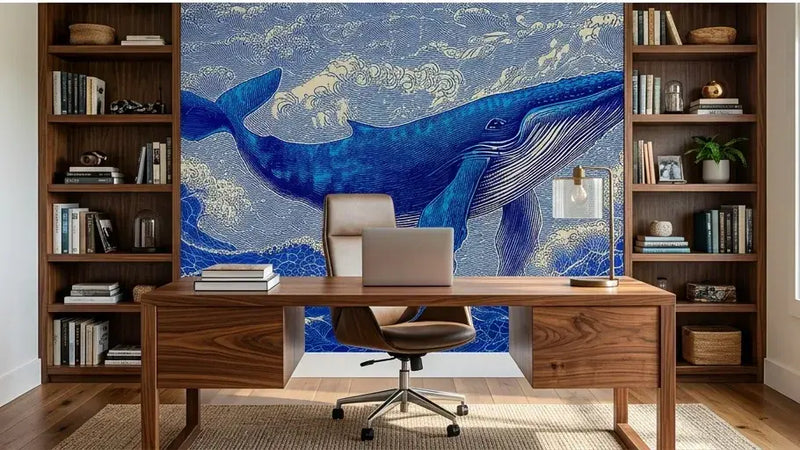 Texture rapprochée d'un Papier Peint Baleine Bleue Illustration Artistique révélant un fond marin enchanteur avec algues stylisées, étoiles de mer et poissons colorés entourant la baleine centrale