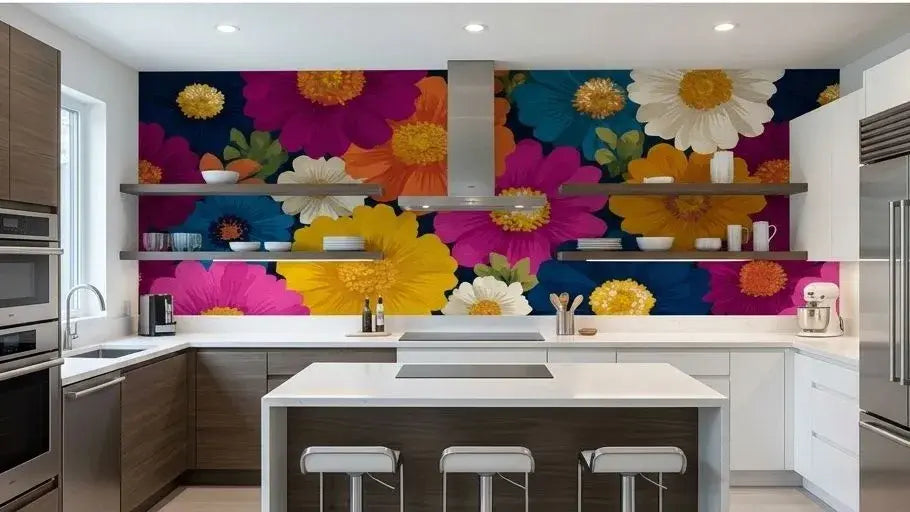 Salon élégamment décoré d'un Papier Peint Vintage Fleuri aux Tons Multicolores aux reflets dorés et turquoise, habillant entièrement un mur d'accent derrière un canapé en velours