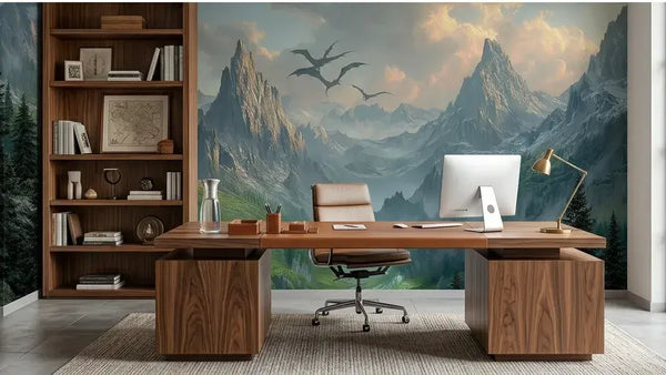 Papier Peint Panoramique Dragon Vert et Montagnes Enneigées déroulé sur toute la longueur d'un couloir élégant, offrant une fresque immersive et cinématographique où le dragon émerge dramatiquement des nuages au-dessus des pics enneigés