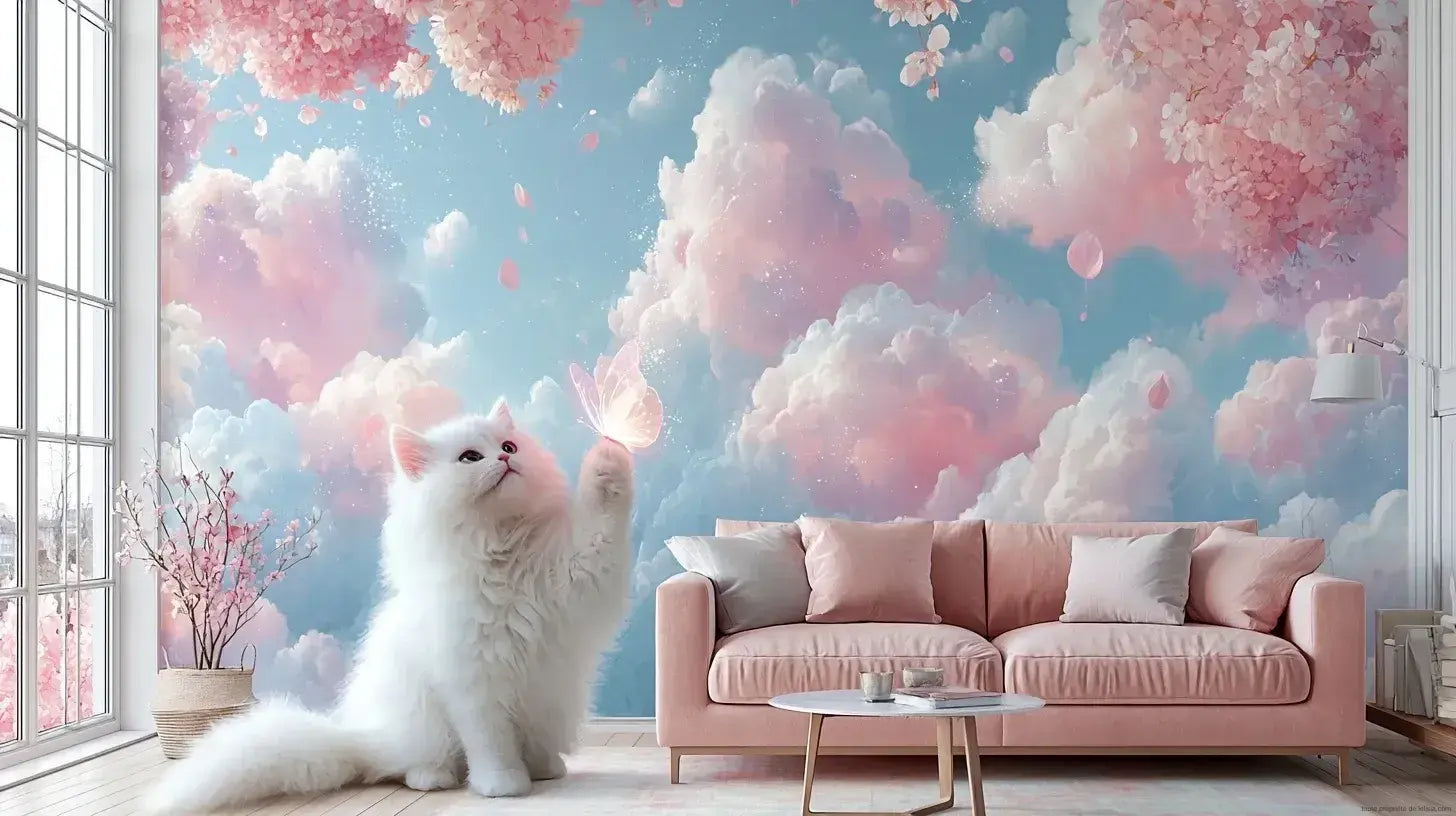Un chat élégant et un papillon coloré se retrouvent dans un décor enchanteur de cerisiers en fleurs sur ce Papier Peint Chat et Papillon sous les Cerisiers aux teintes pastel délicates