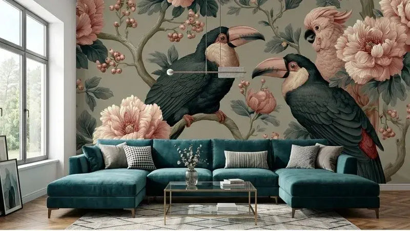 Gros plan du Papier Peint Toucan Chinoiserie Rose Poudré révélant un toucan aux plumes multicolores perché sur une branche fleurie dans un style chinoiserie raffiné