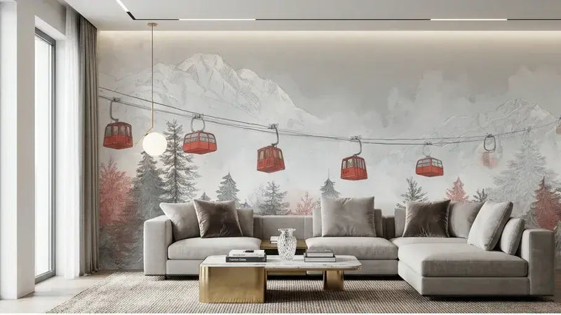 Vue panoramique d'un Papier Peint Montagne Télécabine Rouge avec des cabines écarlates suspendues entre des pics alpins couverts de neige immaculée