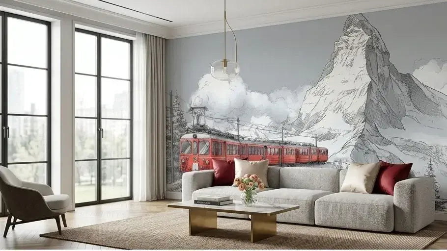 Vue saisissante du Papier Peint Panoramique Mont Cervin dévoilant les flancs rocheux et glacés de la célèbre pyramide alpine dans une lumière dorée de fin de journée