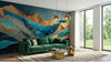 Décoration murale Papier Peint Baleine Bleue Montagnes d'Or et Vagues Abstraites avec une baleine géante aux nuances de bleu profond entourée de crêtes de vagues géométriques dorées et de sommets montagneux abstraits