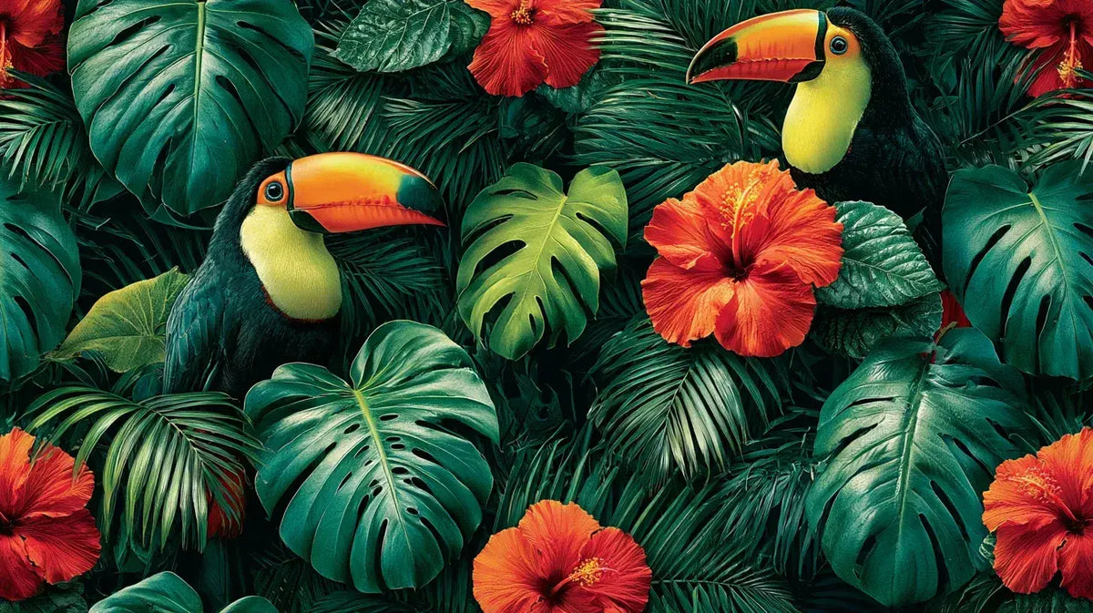 Papier Peint Toucan dans la Jungle Tropicale avec un toucan aux couleurs éclatantes perché sur une branche luxuriante entourée de feuilles de bananier vert émeraude