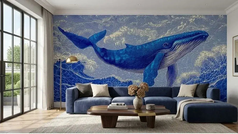 Gros plan sur un Papier Peint Baleine Bleue Illustration Artistique aux détails minutieux, mettant en valeur les courbes élégantes de la baleine entourée de vagues graphiques et de bulles délicates