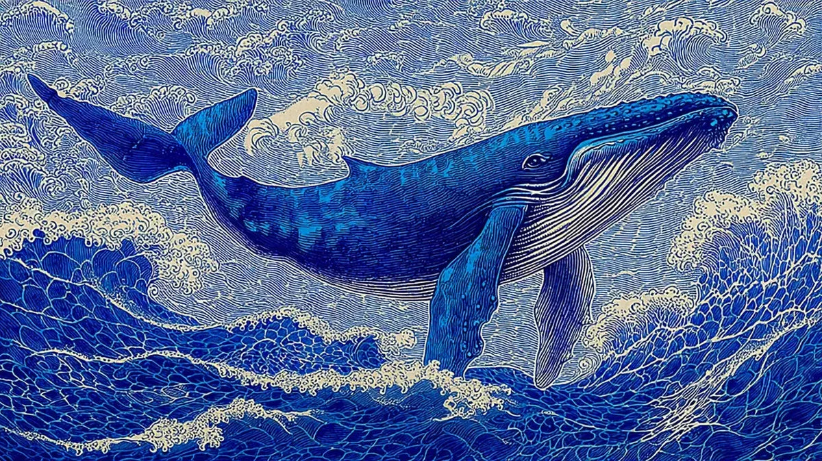Papier Peint Baleine Bleue Illustration Artistique représentant une majestueuse baleine aux teintes bleu profond nageant gracieusement dans un océan stylisé aux reflets turquoise et indigo