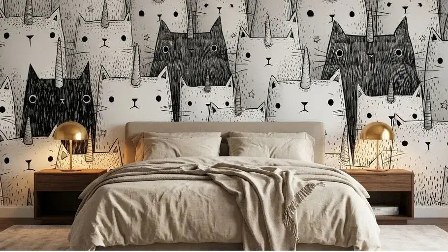 Rouleau déroulé de papier peint chat noir et blanc aux motifs ludiques présentant un motif répétitif de chats aux contours graphiques et aux détails délicats sur fond blanc pur