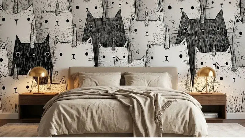 Rouleau déroulé de papier peint chat noir et blanc aux motifs ludiques présentant un motif répétitif de chats aux contours graphiques et aux détails délicats sur fond blanc pur