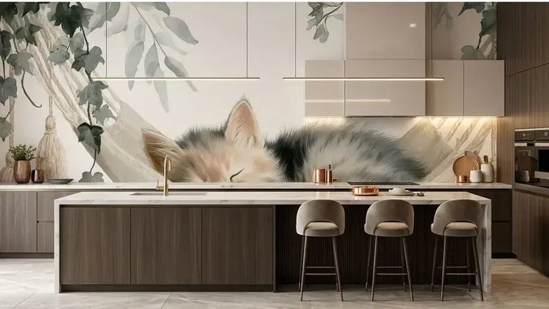Décoration intérieure en papier peint chat mignon dormant dans un hamac mettant en scène un chat roux duveteux profondément endormi dans un hamac à franges entouré de feuillages tropicaux luxuriants