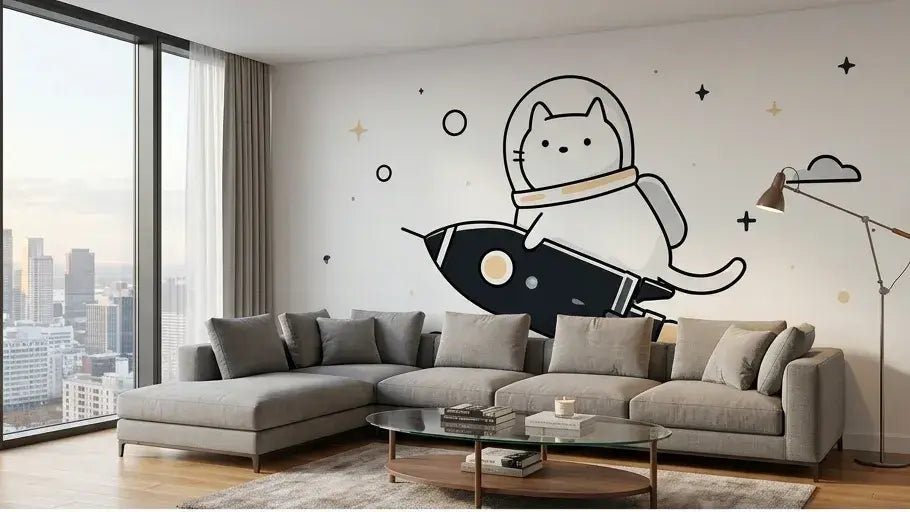 Décoration murale enfant avec papier peint chat astronaute et fusée dans l'espace illustrant un chaton courageux pilotant une fusée argentée à travers une galaxie lumineuse