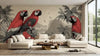 Décoration murale panoramique représentant des perroquets rouges exotiques perchés dans une jungle beige dorée, inspirée du papier peint panoramique perroquet fond noir pour un intérieur élégant et audacieux