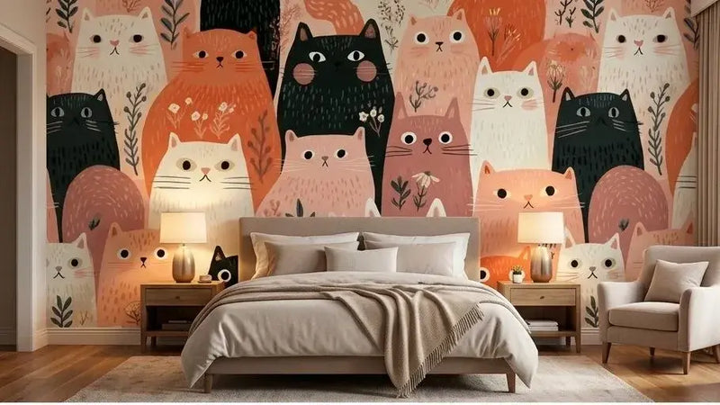 Vue panoramique d'un salon lumineux habillé du Papier Peint Chat aux Douces Fleurs Pastel illustrant des chats stylisés dansant parmi des fleurs sauvages aux nuances de lilas, jaune pâle et bleu ciel