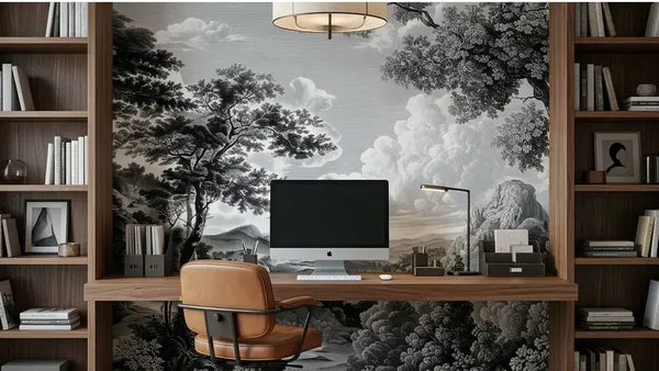 Papier peint panoramique forêt ancienne noir et blanc installé sur un mur de chambre, plongeant l'espace dans une atmosphère de sous-bois profond et enveloppant
