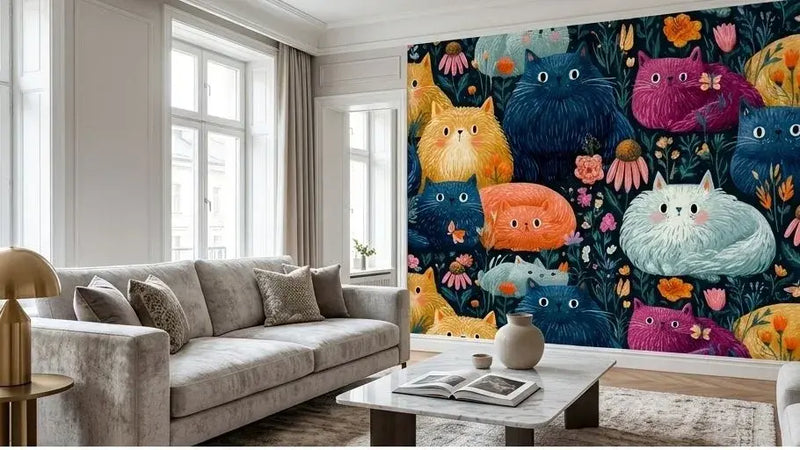 Illustration murale de papier peint chat dans un jardin fleuri vintage avec un chat tigré assis fièrement au cœur d'un bouquet de pivoines, tulipes et glycines aux couleurs fanées et romantiques
