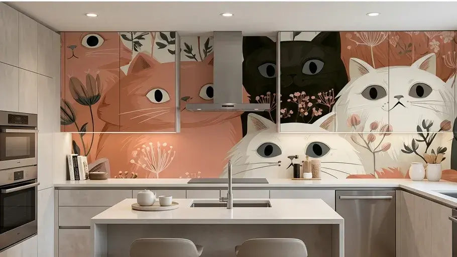 Chambre d'enfant décorée avec le Papier Peint Chat Rose aux Doux Motifs Floraux, créant une atmosphère féérique et romantique avec ses tons roses doux et ses motifs botaniques