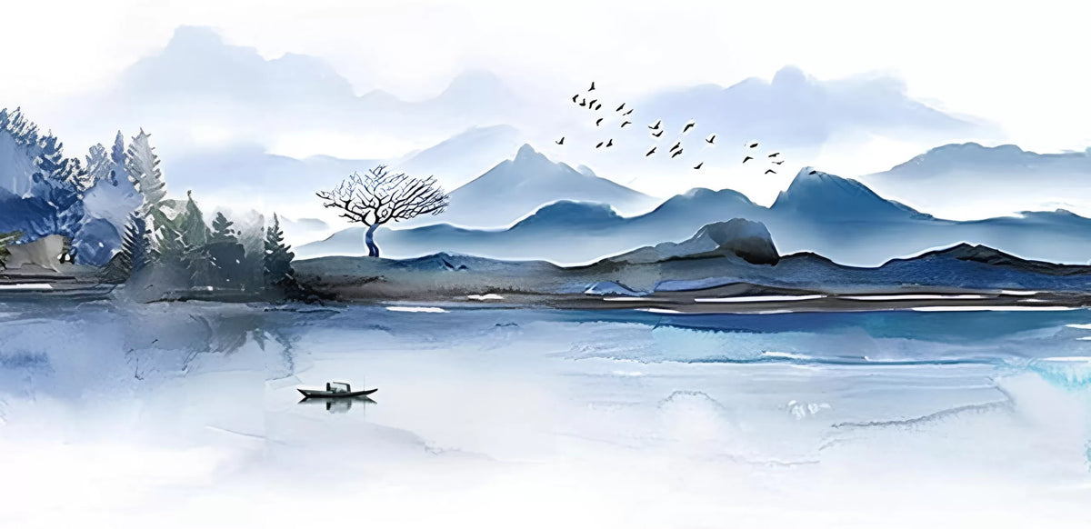 Papier peint japonais paysage lac et montagnes