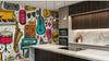 Chambre décorée avec un Papier Peint Musique Motif Doodle Retro et Instruments présentant un collage artistique de tambours, saxophones et clés de sol en noir et blanc