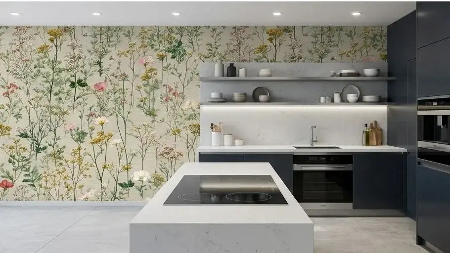 Gros plan sur le papier peint vert pastel Alexa révélant des fleurs sauvages aux détails fins et aux nuances florales doucement contrastées