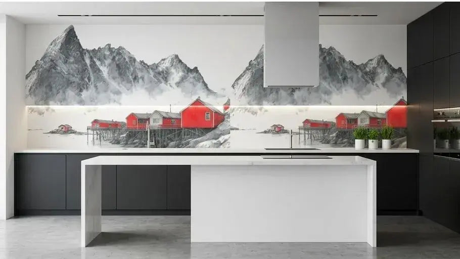 Décoration murale Papier Peint Rouge Fjords de Norvège affichant des eaux sombres encadrées de roches abruptes baignées dans une lumière cramoisie au coucher du soleil
