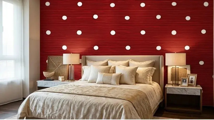 Chambre d'enfant lumineuse décorée avec un Papier Peint Rouge à Pois Blancs festif et coloré, créant une atmosphère joyeuse et dynamique