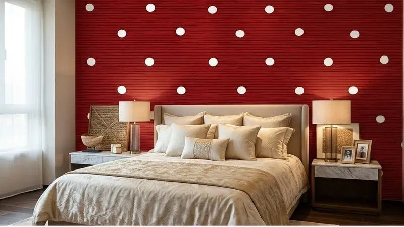 Chambre d'enfant lumineuse décorée avec un Papier Peint Rouge à Pois Blancs festif et coloré, créant une atmosphère joyeuse et dynamique