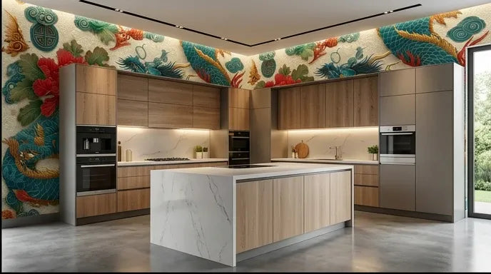 Gros plan détaillé d'un Papier Peint Dragon Chinois Traditionnel Crème et Rouge montrant la texture fine du papier et les contours précis d'un dragon impérial aux griffes acérées sur fond crème nacré