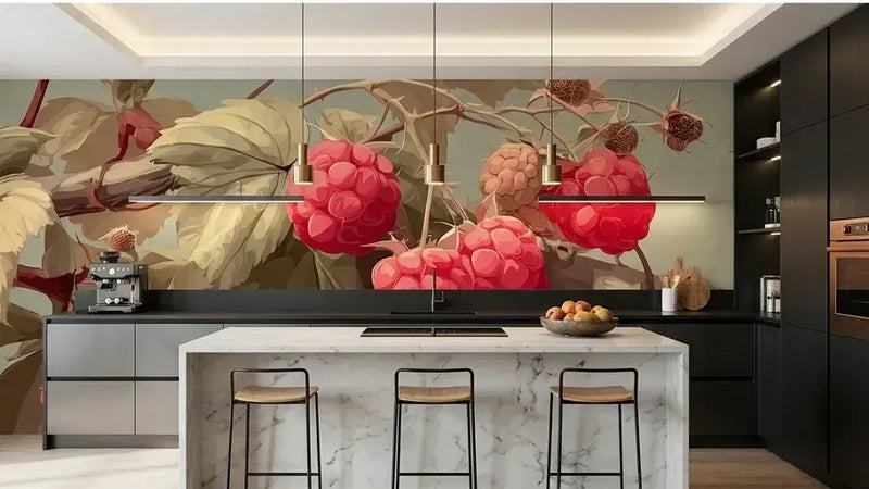 Salon élégamment décoré avec un Papier Peint Rouge Framboise Champêtre arborant des motifs de roses sauvages et de feuillages verts en harmonie rustique