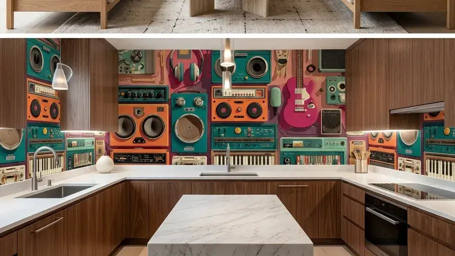 Salon décoré avec un papier peint instruments de musique vintage beige présentant un motif répétitif de pianos, accordéons et clarinettes sur fond crème texturé