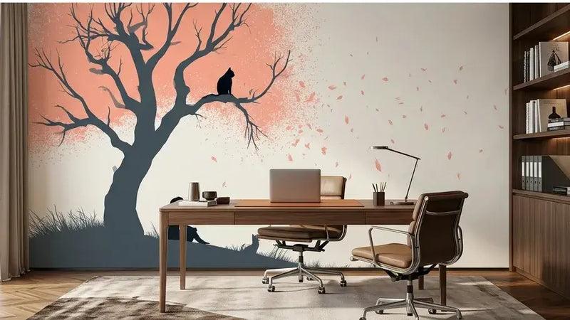 Installation complète d'un papier peint chambre enfant chat et arbre couvrant toute la paroi d'une chambre lumineuse, illustrant une scène enchantée de chats et d'arbres aux couleurs vives et chaleureuses