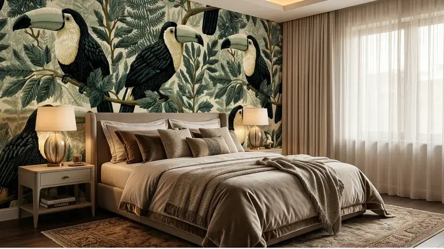 Vue panoramique d'un Papier Peint Toucan et Feuillage Sauvage Vintage déroulé sur toute la hauteur d'un mur, affichant un motif répétitif de toucans expressifs nichés dans un feuillage dense aux teintes sépia et vert olive