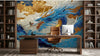 Vue panoramique d'un salon moderne sublimé par un Papier Peint Dragon Japonais Bleu et Or aux couleurs somptueuses, mariant harmonieusement la symbolique japonaise avec une décoration intérieure contemporaine