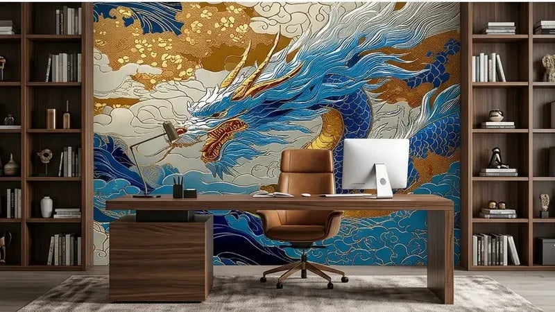Vue panoramique d'un salon moderne sublimé par un Papier Peint Dragon Japonais Bleu et Or aux couleurs somptueuses, mariant harmonieusement la symbolique japonaise avec une décoration intérieure contemporaine