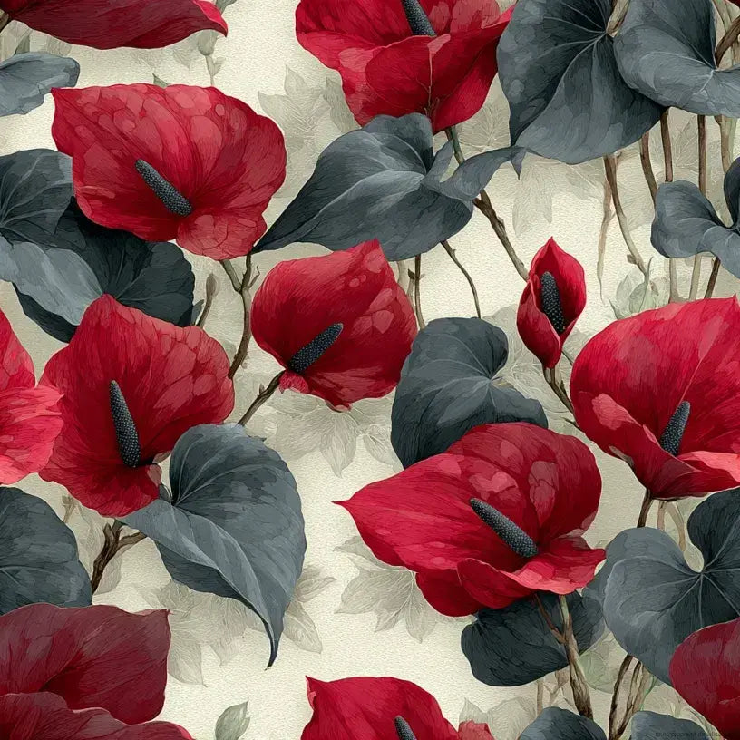 Papier Peint Rouge Fleurs d Anthurium Gris élégant avec des fleurs d'anthurium rouge vif sur un fond gris texturé sophistiqué