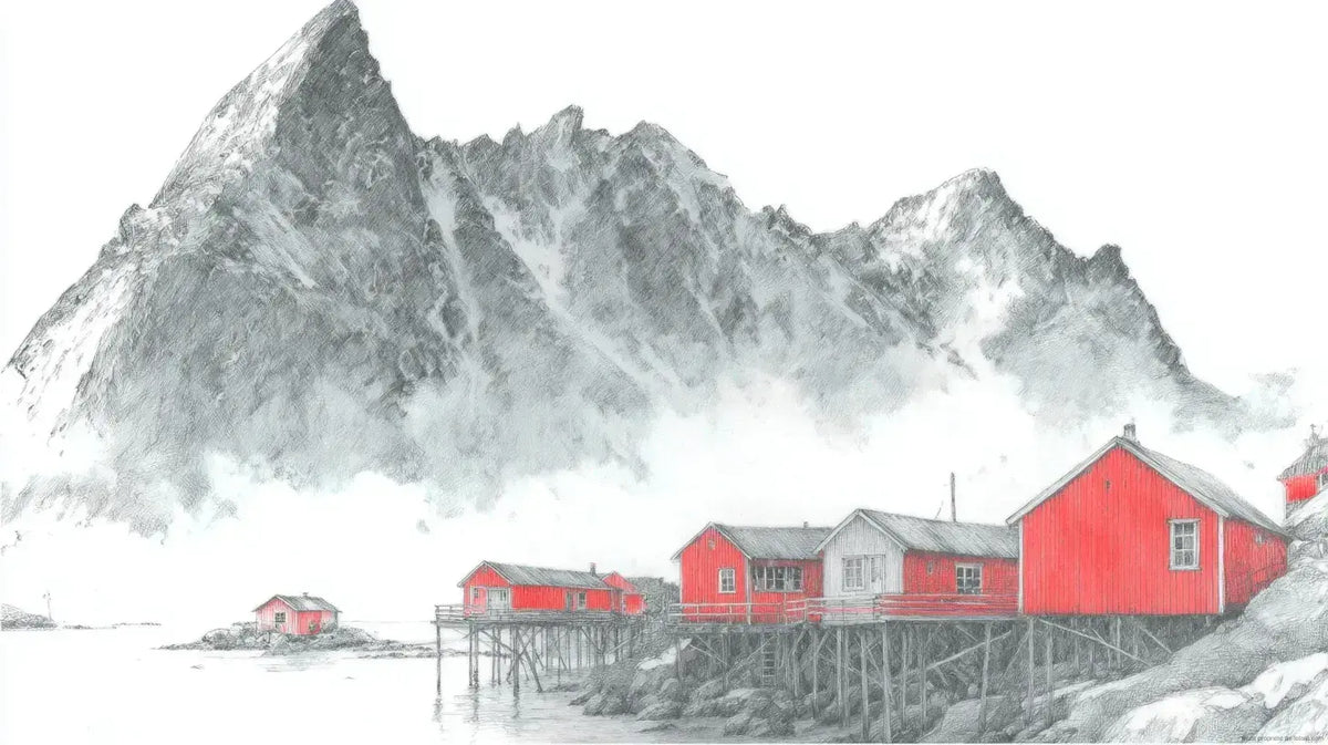Papier Peint Rouge Fjords de Norvège représentant des falaises majestueuses plongeant dans des eaux profondes aux reflets écarlates et vermillon