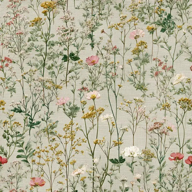 Papier peint vert pastel délicat orné de fleurs sauvages Alexa aux pétales colorés et aux tiges gracieuses sur fond doux et lumineux