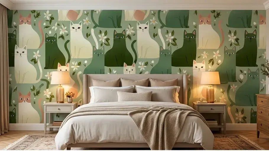 Vue d'ensemble d'un salon habillé du Papier Peint Chat Blanc et Fleurs Vert Sauge aux imprimés vintage nature doux mettant en scène un chat blanc couché parmi des compositions florales vert sauge