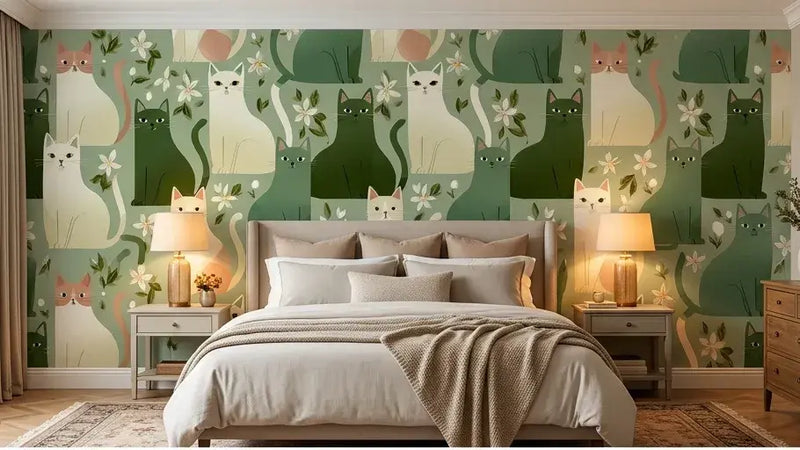Vue d'ensemble d'un salon habillé du Papier Peint Chat Blanc et Fleurs Vert Sauge aux imprimés vintage nature doux mettant en scène un chat blanc couché parmi des compositions florales vert sauge