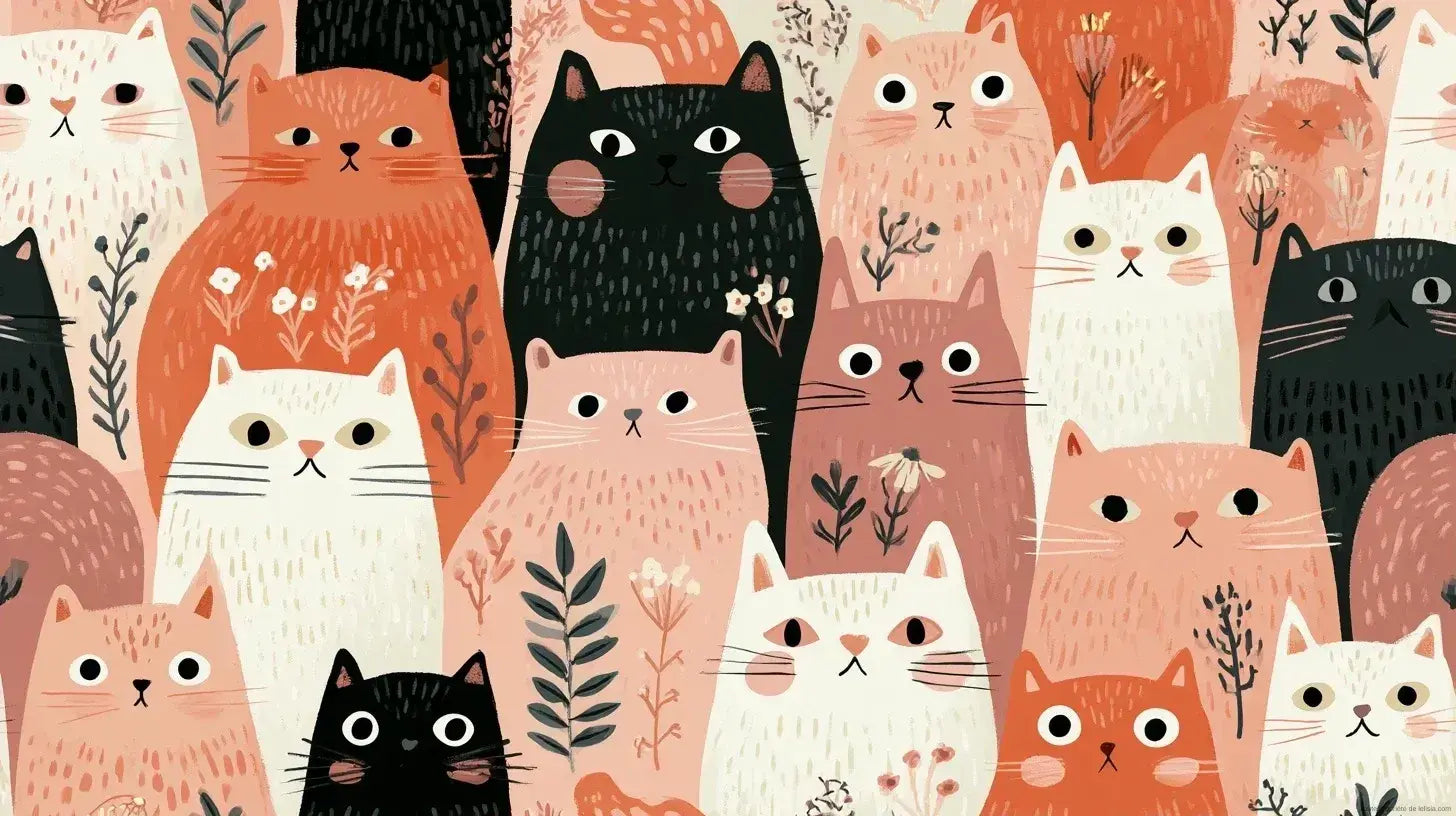 Papier Peint Chat aux Douces Fleurs Pastel représentant un élégant félin blanc allongé parmi des bouquets de fleurs roses et lavande aux teintes douces et romantiques