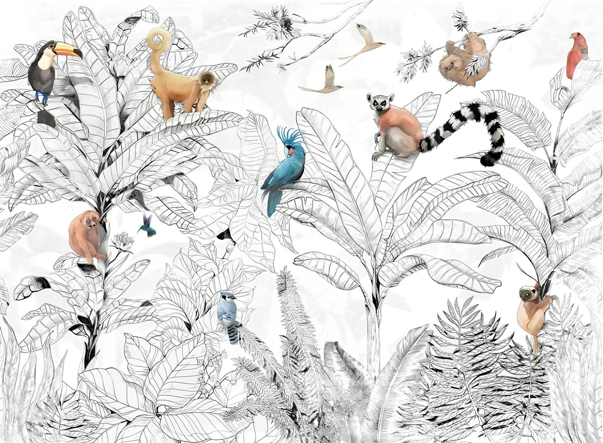 Papier peint noir et blanc forêt tropicale et animaux colorés
